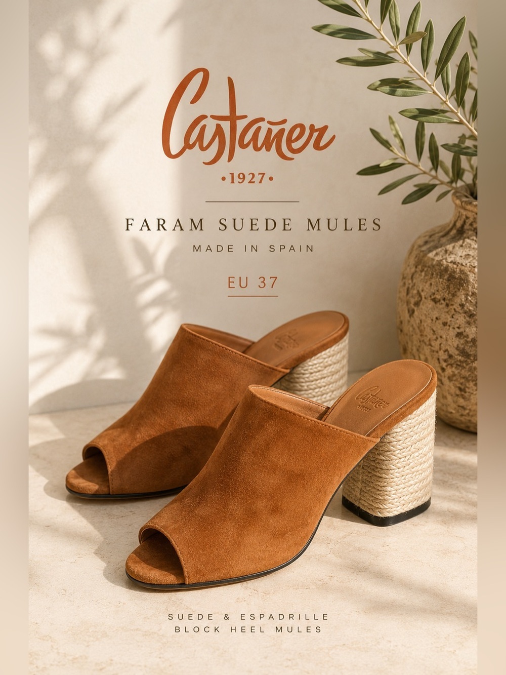 Castaner Faram Suede Peep Toe Mules Espadrille Block Heel Made in Spain 37